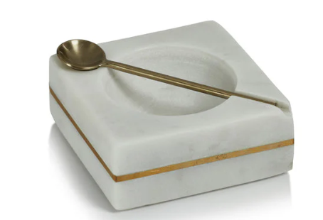 Marble Square Salt & Pepper Bowl w/ Spoon - White