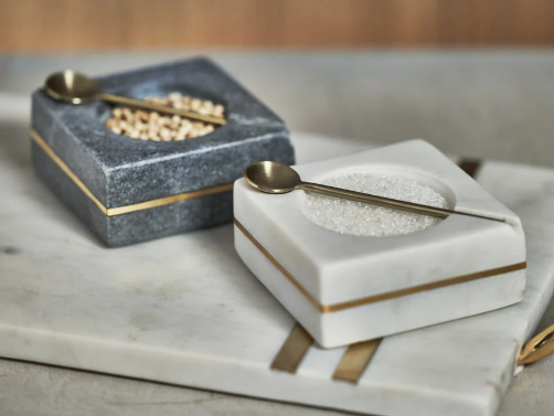 Marble Square Salt & Pepper Bowl w/ Spoon - White